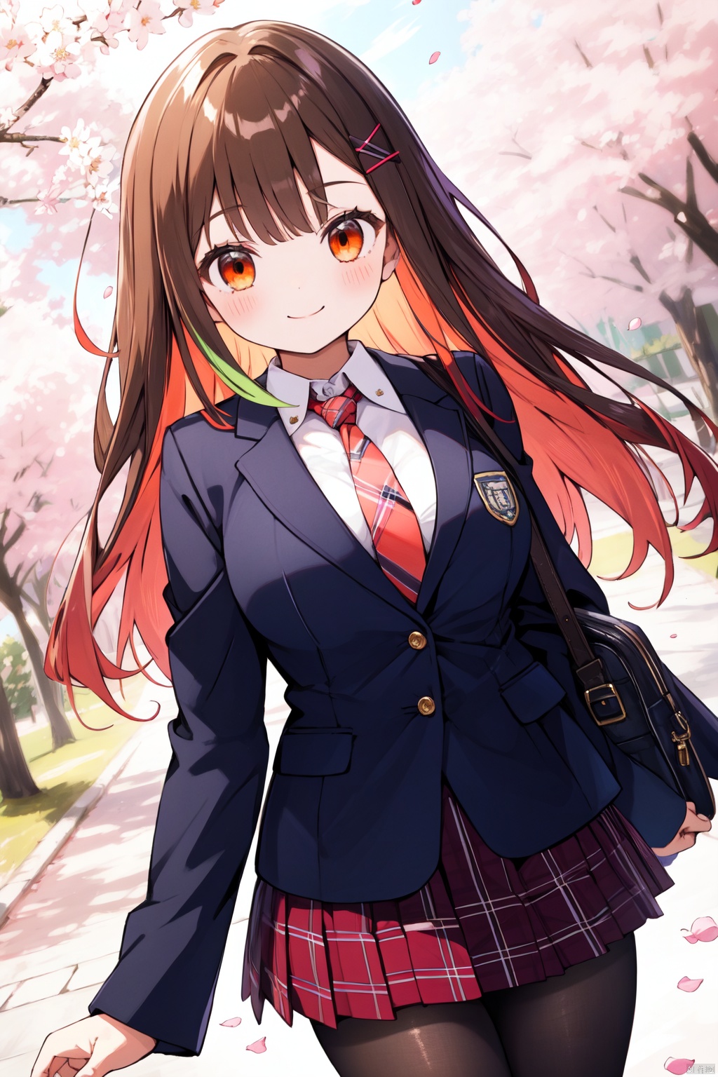 1girl, solo, skirt, pantyhose, hair_ornament, long_hair, necktie, red_skirt, cherry_blossoms, pleated_skirt, bag, looking_at_viewer, brown_hair, x_hair_ornament, shirt, jacket, collared_shirt, blush, plaid_skirt, plaid, school_uniform, closed_mouth, red_necktie, long_sleeves, hairclip, bangs, petals, white_shirt, breasts, multicolored_hair, black_pantyhose, sweater, smile, open_clothes, cowboy_shot, blazer, white_jacket, open_jacket, orange_eyes, dutch_angle, flower, miniskirt