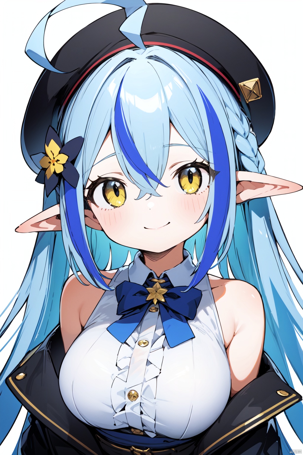 petite,loli,1girl, virtual_youtuber, yukihana_lamy, solo, breasts, pointy_ears, blue_hair, long_hair, hat, streaked_hair, yellow_eyes, hair_ornament, looking_at_viewer, multicolored_hair, flower, hair_flower, ahoge, smile, blush, hair_between_eyes, braid, colored_tips, beret, fur_trim, elf, upper_body, white_headwear, closed_mouth, bangs, large_breasts, white_background, center_frills, shirt, off_shoulder, simple_background, jacket, bow, white_shirt, bare_shoulders, sleeveless