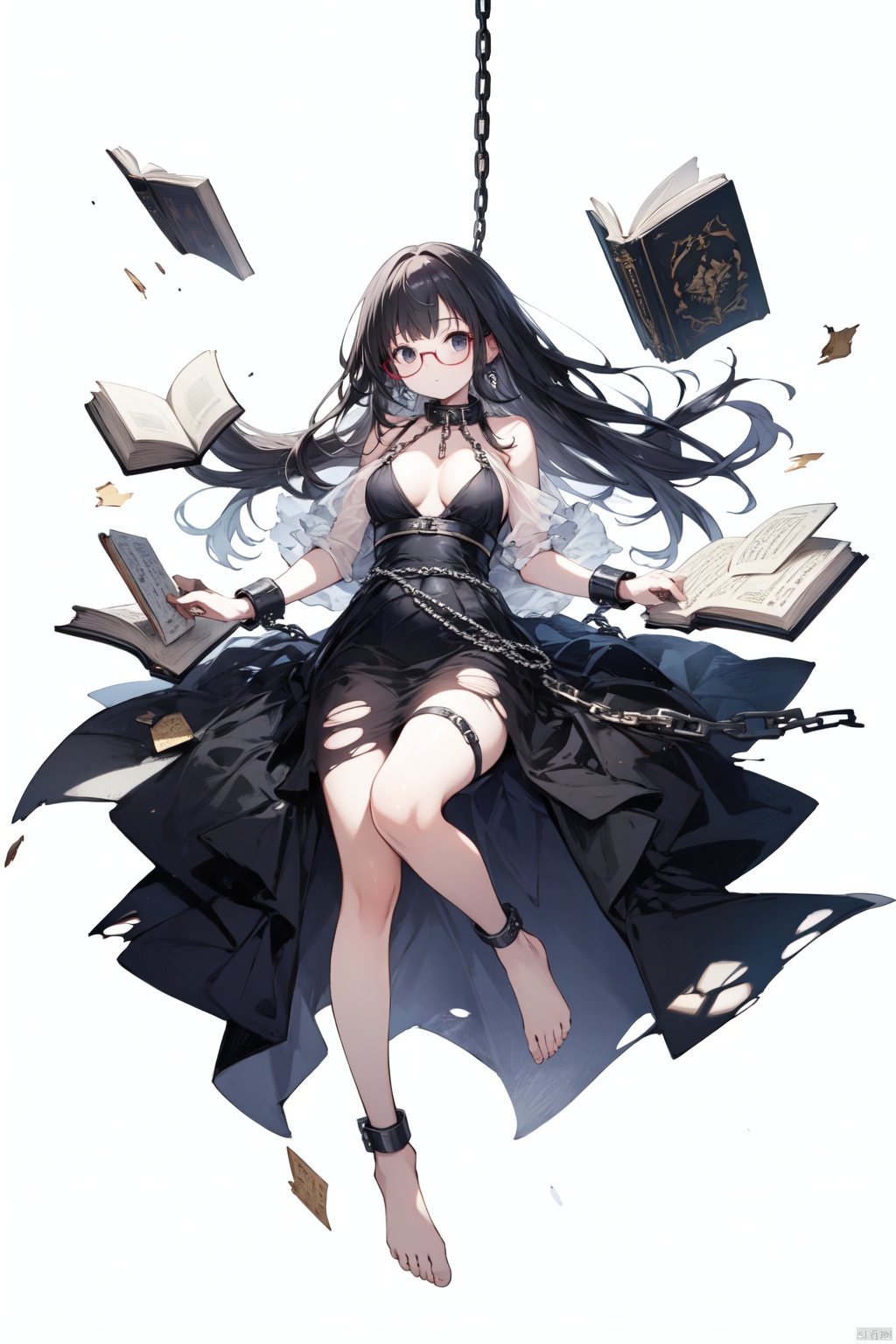1girl, ball_and_chain_restraint, barefoot, bdsm, bondage, book, bound, broken, broken_chain, chain, chained, collar, cuffs, dress, floating, floating_book, floating_object, glasses, handcuffs, holding_book, long_hair, metal_collar, open_book, scar, see-through, shackles, simple_background, slave, solo, torn_clothes, white_background, wrist_cuffs