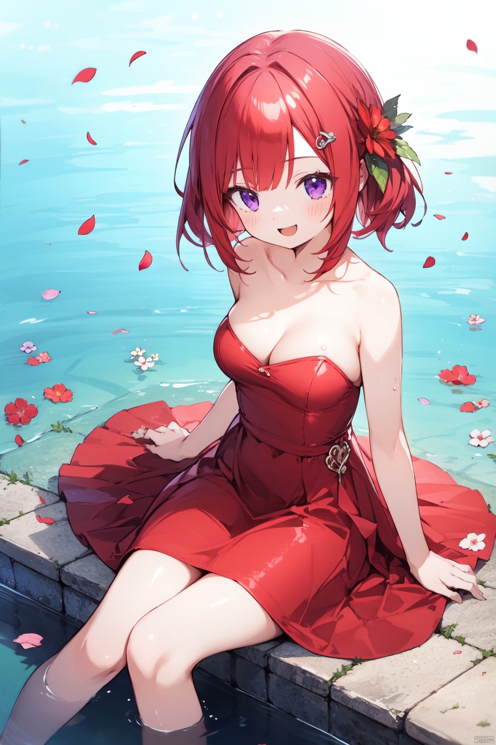 petite,loli,1girl, nishikino_maki, solo, breasts, dress, red_hair, red_dress, hair_ornament, cleavage, purple_eyes, flower, looking_at_viewer, sitting, hair_flower, petals, strapless, medium_breasts, strapless_dress, smile, blush, open_mouth, bare_shoulders, red_flower, partially_submerged, water, medium_hair, blurry