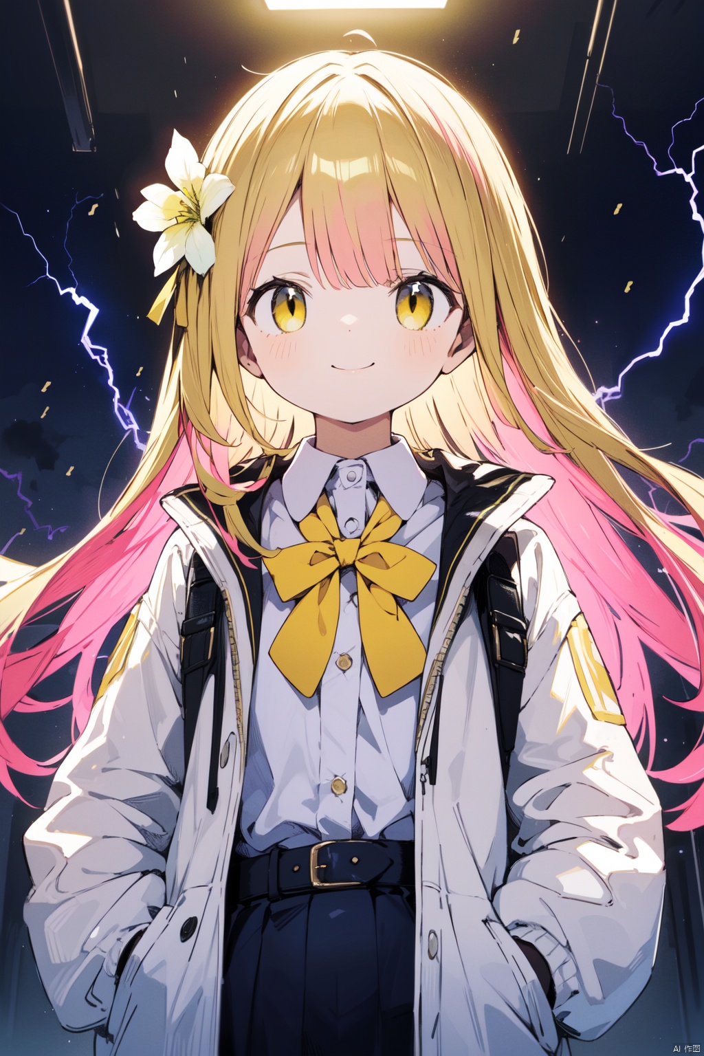 (masterpiece, best quality),1girl,solo,cuty face,Beautiful detailed eye,upper body,ray tracing,Reflected light,(very detailed light),(Beautiful Lighting),(best quality), ((masterpiece)), (highres),(loli),(petite:1.4),(white open jacket:1.4),rain,shiny clothes,white collared shirt,hair flower,fipped hair,floating hair,(blonde electricity:1.4),light smile,hands in pockets,white dress,yellow bowtie,(Yellow eyes:1.2),(Pink hair:1.2),(solo),hair flowing over, messy hair, aura,long hair, lamppost,white belt,