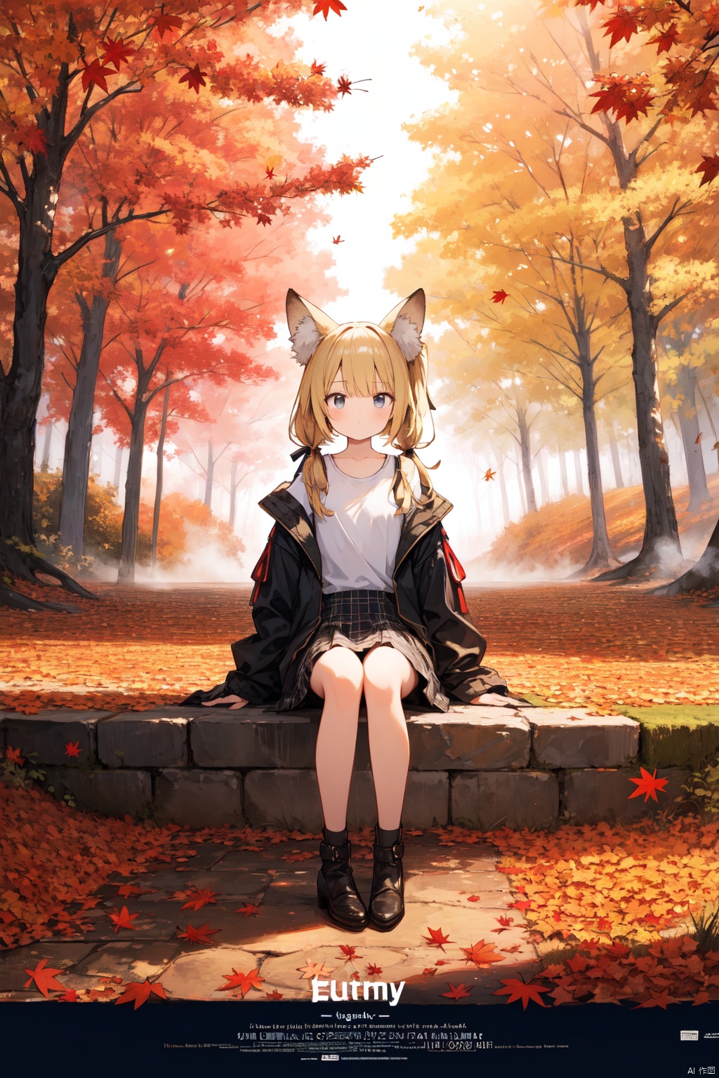 1girl, solo, looking at viewer, sitting, fox ears, full body, strappy heels,plaid shirt, short sleeves,jacket, bow, bangs, low ponytail, blonde hair fox tail, fox girl, kitsune, ((autumn, outdoors, day, forest, falling leaves, bird, leaf)), (fog, dyntall effect), (wide shot, panorama, full body, depth of field),(movie poster,english text),(Flagstone road,branches)