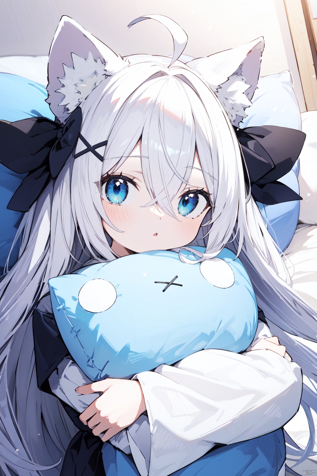 loli, white hair,hairobject hug, bow, long sleeves, blue eyes, animal ears, pillow hug, black bow, bangs, hair ornament, blush, animal ear fluff, hair bow, looking at viewer, white shirt, long hair, shirt, parted lips, ahoge, upper body, tail, pillow, x hair ornament, hair between eyes, wide sleeves, best quality, amazing quality, very aesthetic, absurdres, dynamic state