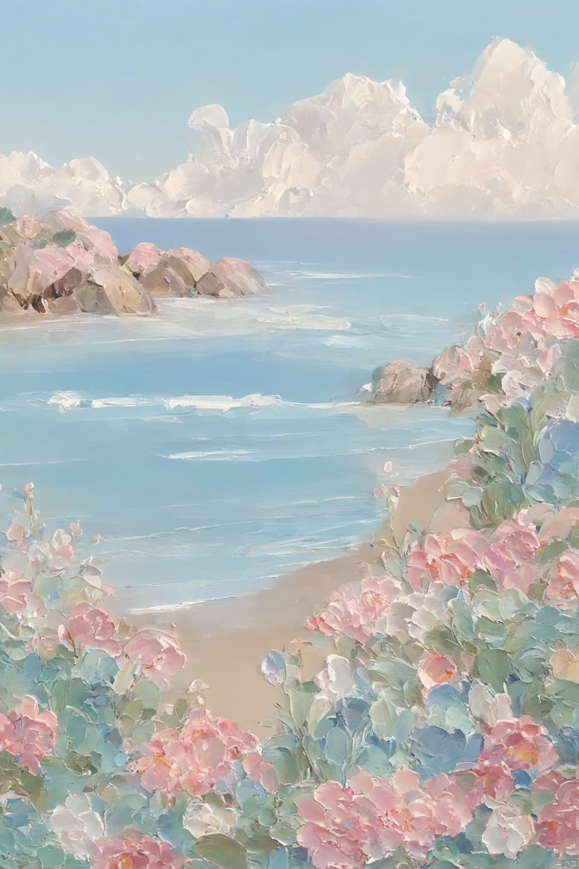 Healing_Painting,flower,oil painting,(rabbit,sky,cloud,moon),beach,mountain, candy-coated, Succulent_Plants, weijin_hanfu