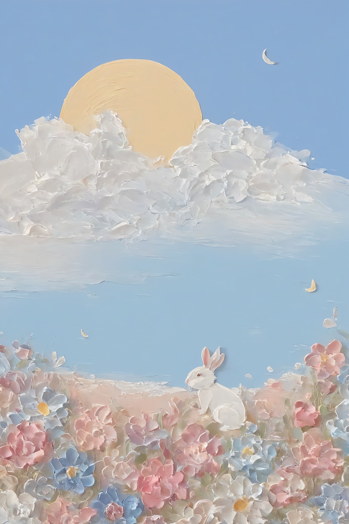 Healing_Painting,flower,oil painting,(rabbit,sky,cloud,moon),beach,mountain, candy-coated