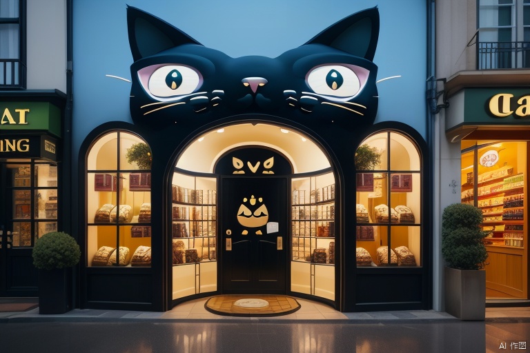  Store logo, Modern shops, (Concrete architecture: 1.05)
In the bustling city, a store stands out with its unique appearance. The pet cat logo on the front is elegant and vivid, as if it is the patron saint of the store, attracting the attention of passers-by. The cat logo is surrounded by delicate decorations that complement the line design of the store. The store entrance cleverly incorporates cat elements to create a warm atmosphere. At night, the shops are brightly lit, in sharp contrast with the surrounding buildings, becoming a beautiful landscape in the city. This cat-themed shop not only has a unique appearance, but is also full of deep love for cats.