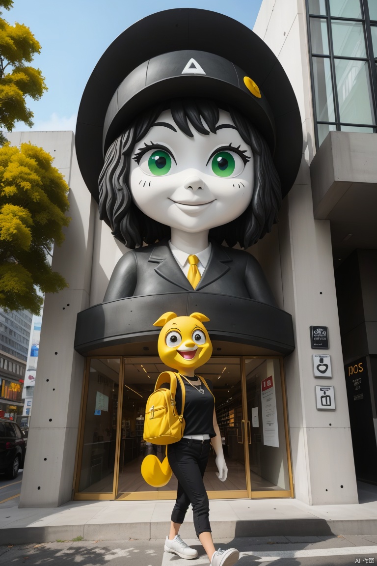 Store logo, Modern shops, (Concrete architecture: 1.05)
This photo shows a giant sculpture of a cartoon character in front of a building. The sculpture is yellow and has two big eyes and a smiling expression. Its body is white with a yellow cap. A row of windows can be seen behind the sculpture, with green plant decorations above the windows. At the base of the sculpture, there is a sign that reads "HAPPY DAY". On the left side of the sculpture, there is a woman walking from left to right. She is wearing a black top and pants, black shoes, and carrying a backpack. Her hair is brown and reaches her shoulders. To the right of the sculpture, there is a half-open glass door with the words "Café" on it. The entire scene looks like it's in a business district or shopping mall.