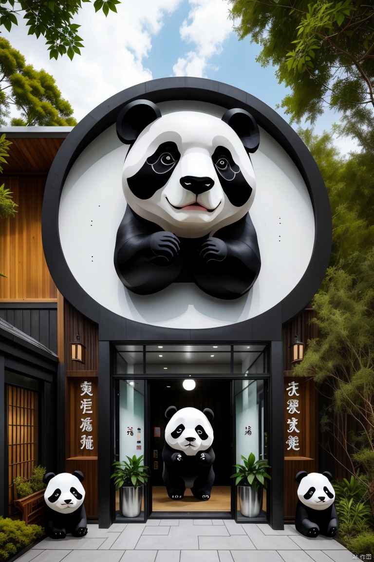 Store logo, Modern shops, (Concrete architecture: 1.05)
This image shows a modern style building entrance. There is a huge panda head on the top of the building, which is black and white in color and has black eyes. Under the panda head, there are the words "PANDA MODLAIR", indicating that this may be a panda-themed store or exhibition space. The front of the building has several glass windows and doors, and a row of decorative panda statues at the door. The entire scene is surrounded by green plants, giving people a warm and harmonious feeling. The design of the building is simple and modern, using extensive timber elements to blend in with the surrounding natural environment.
