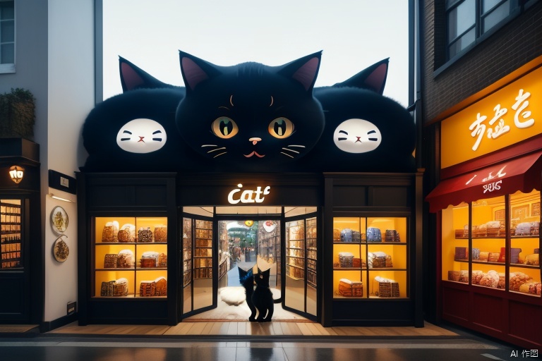  Store logo, Modern shops, 
In the bustling city, a store stands out with its unique appearance. The pet cat logo on the front is elegant and vivid, as if it is the patron saint of the store, attracting the attention of passers-by. The cat logo is surrounded by delicate decorations that complement the line design of the store. The store entrance cleverly incorporates cat elements to create a warm atmosphere. At night, the shops are brightly lit, in sharp contrast with the surrounding buildings, becoming a beautiful landscape in the city. This cat-themed shop not only has a unique appearance, but is also full of deep love for cats.