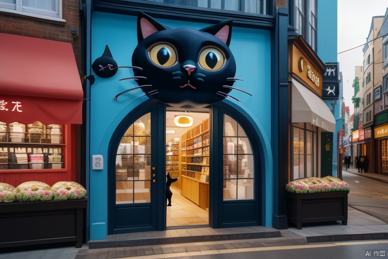  Store logo, Modern shops, (Concrete architecture: 1.05)
In the bustling city, a store stands out with its unique appearance. The pet cat logo on the front is elegant and vivid, as if it is the patron saint of the store, attracting the attention of passers-by. The cat logo is surrounded by delicate decorations that complement the line design of the store. The store entrance cleverly incorporates cat elements to create a warm atmosphere. At night, the shops are brightly lit, in sharp contrast with the surrounding buildings, becoming a beautiful landscape in the city. This cat-themed shop not only has a unique appearance, but is also full of deep love for cats.