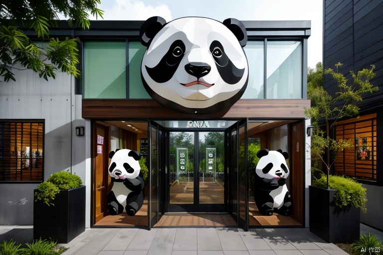 Store logo, panda, Modern shops, (Concrete architecture: 1.05)
This image shows a modern style building entrance. There is a huge panda head on the top of the building, which is black and white in color and has black eyes. Under the panda head, there is the word "Panda", indicating that this may be a panda-themed store or exhibition space. The front of the building has several glass windows and doors, and a row of decorative panda statues at the door. The entire scene is surrounded by green plants, giving people a warm and harmonious feeling. The design of the building is simple and modern, using extensive timber elements to blend in with the surrounding natural environment
