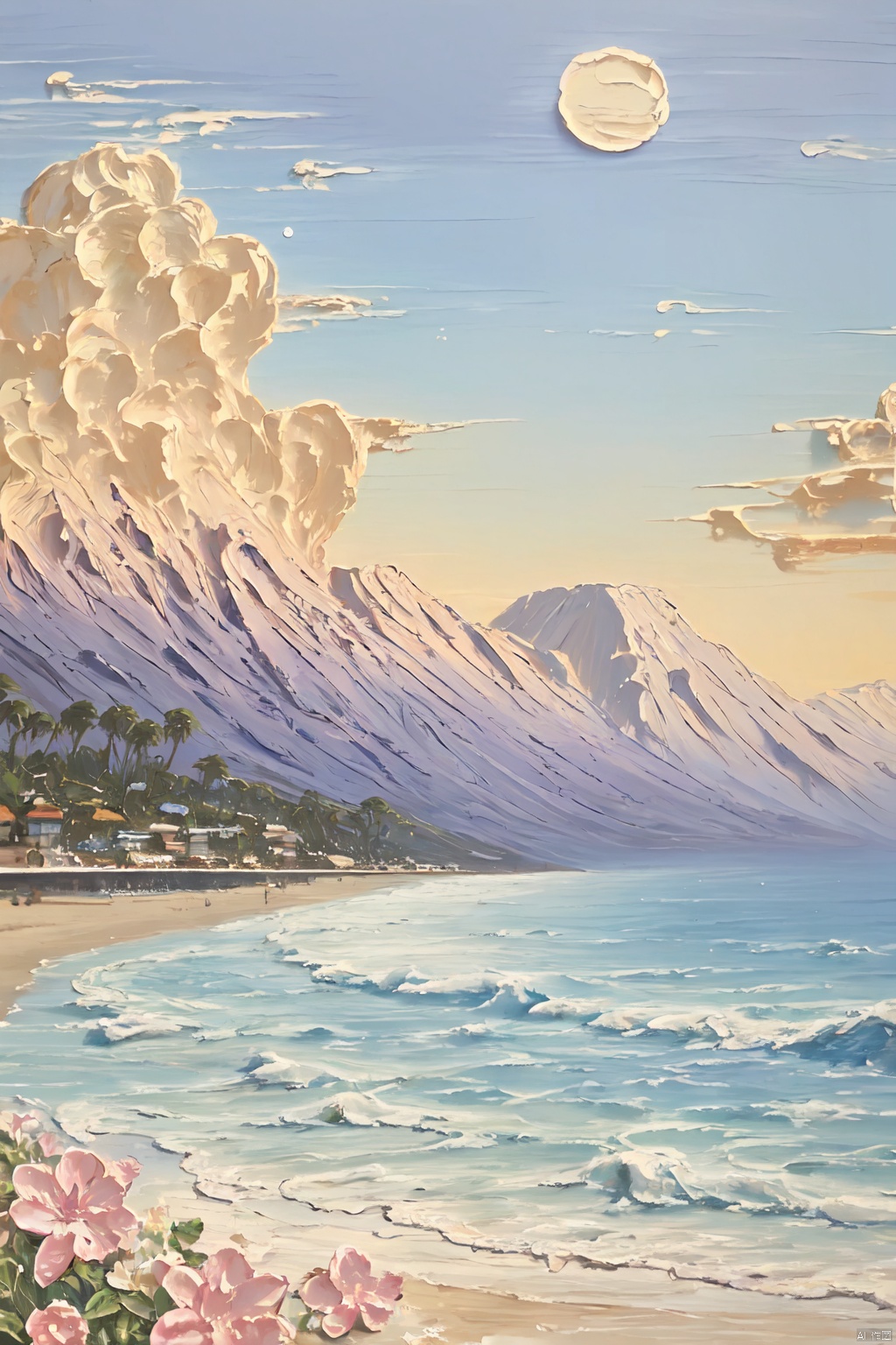 Healing_Painting,flowers,oil painting,rabbit,sky,cloud,moon,beach,mountain