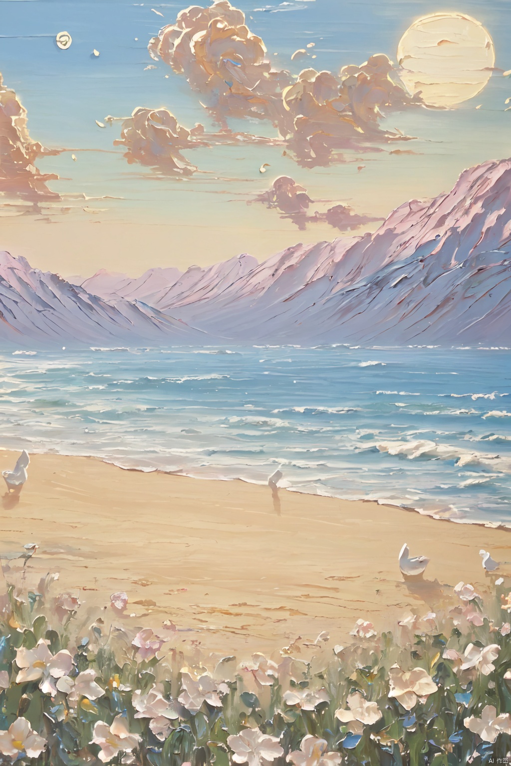 Healing_Painting,flowers,oil painting,rabbit,sky,cloud,moon,beach,mountain