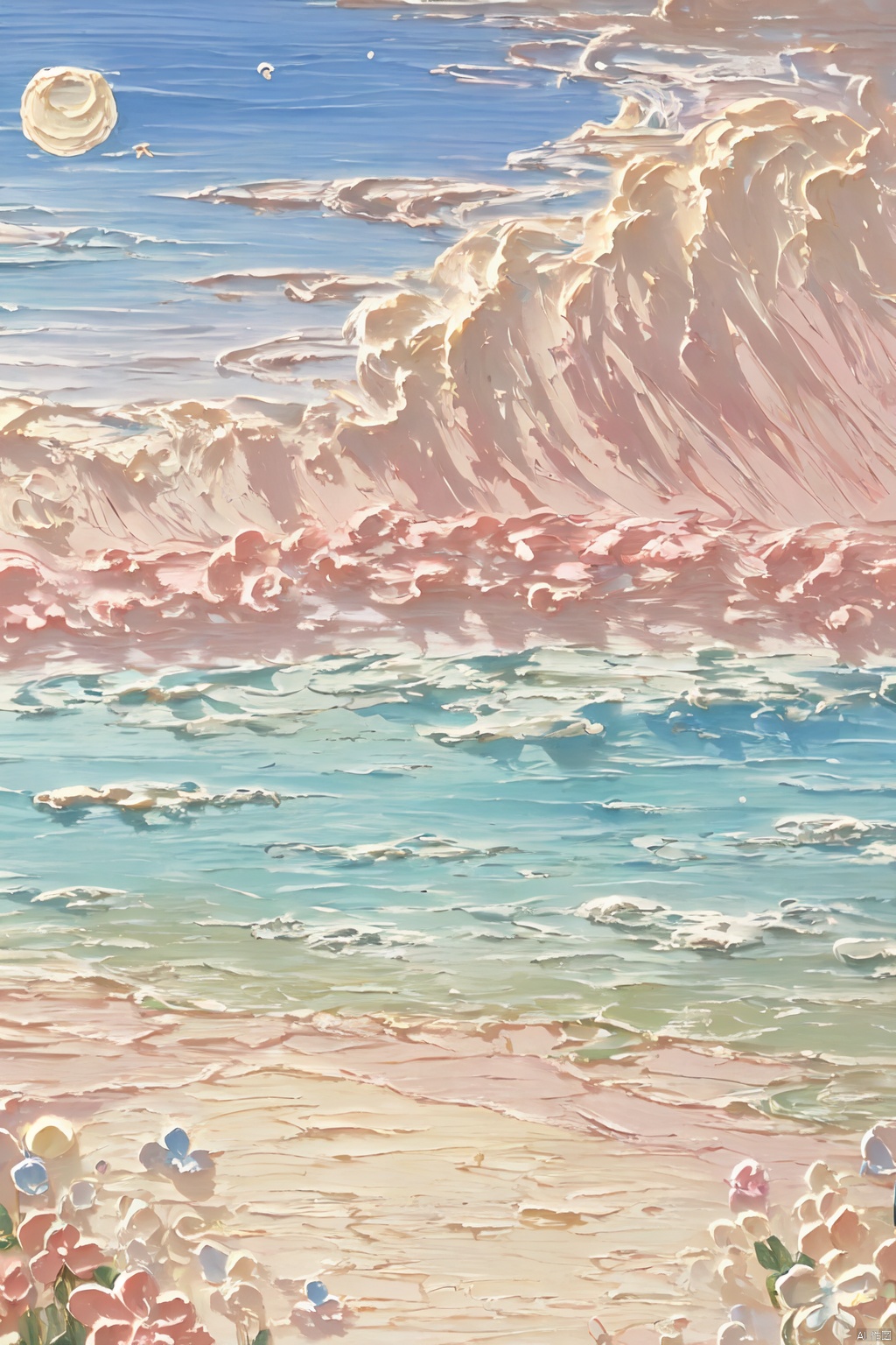 Healing_Painting,flowers,oil painting,rabbit,sky,cloud,moon,beach,mountain