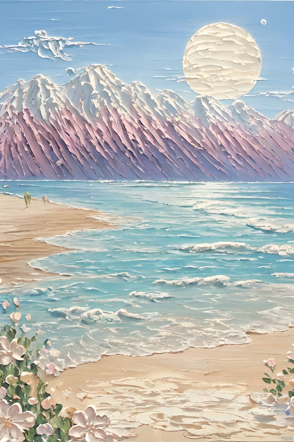 Healing_Painting,flowers,oil painting,rabbit,sky,cloud,moon,beach,mountain