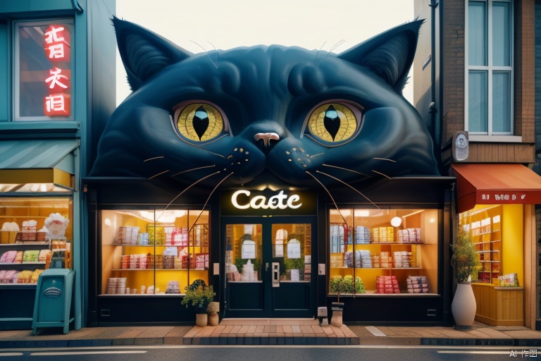  Store logo, Modern shops, (Concrete architecture: 1.05)
In the bustling city, a store stands out with its unique appearance. The pet cat logo on the front is elegant and vivid, as if it is the patron saint of the store, attracting the attention of passers-by. The cat logo is surrounded by delicate decorations that complement the line design of the store. The store entrance cleverly incorporates cat elements to create a warm atmosphere. At night, the shops are brightly lit, in sharp contrast with the surrounding buildings, becoming a beautiful landscape in the city. This cat-themed shop not only has a unique appearance, but is also full of deep love for cats.