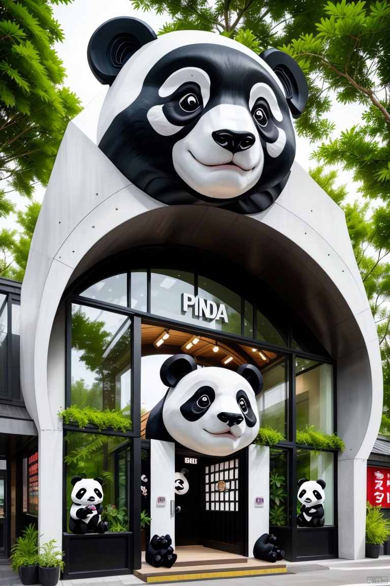  Store logo, Modern shops, (Concrete architecture: 1.05)
This image shows a modern style building entrance. There is a huge panda head on the top of the building, which is black and white in color and has black eyes. Under the panda head, there are the words "PANDA MODLAIR", indicating that this may be a panda-themed store or exhibition space. The front of the building has several glass windows and doors, and a row of decorative panda statues at the door. The entire scene is surrounded by green plants, giving people a warm and harmonious feeling. The design of the building is simple and modern, using extensive timber elements to blend in with the surrounding natural environment.