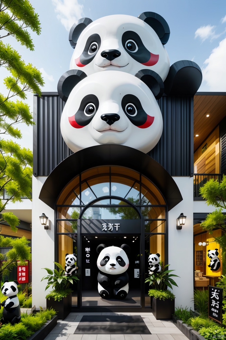 Store logo, Modern shops, (Concrete architecture: 1.05)
This image shows a modern style building entrance. There is a huge panda head on the top of the building, which is black and white in color and has black eyes. Under the panda head, there are the words "PANDA MODLAIR", indicating that this may be a panda-themed store or exhibition space. The front of the building has several glass windows and doors, and a row of decorative panda statues at the door. The entire scene is surrounded by green plants, giving people a warm and harmonious feeling. The design of the building is simple and modern, using extensive timber elements to blend in with the surrounding natural environment.