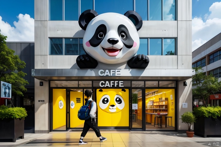 Store logo, panda, Modern shops, (Concrete architecture: 1.05)
This photo shows a giant sculpture of a cartoon character in front of a building. The sculpture is yellow and has two big eyes and a smiling expression. Its body is white with a yellow cap. A row of windows can be seen behind the sculpture, with green plant decorations above the windows. At the base of the sculpture, there is a sign that reads "HAPPY DAY". On the left side of the sculpture, there is a woman walking from left to right. She is wearing a black top and pants, black shoes, and carrying a backpack. Her hair is brown and reaches her shoulders. To the right of the sculpture, there is a half-open glass door with the words "Café" on it. The whole scene looks like it's in a business district or shopping mall