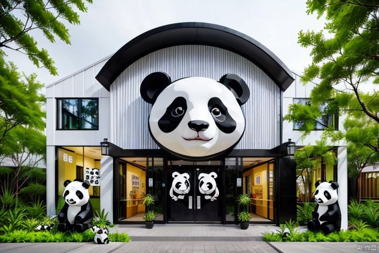 Store logo, panda, Modern shops, (Concrete architecture: 1.05)
This image shows a modern style building entrance. There is a huge panda head on the top of the building, which is black and white in color and has black eyes. Under the panda head, there is the word "Panda", indicating that this may be a panda-themed store or exhibition space. The front of the building has several glass windows and doors, and a row of decorative panda statues at the door. The entire scene is surrounded by green plants, giving people a warm and harmonious feeling. The design of the building is simple and modern, using extensive timber elements to blend in with the surrounding natural environment