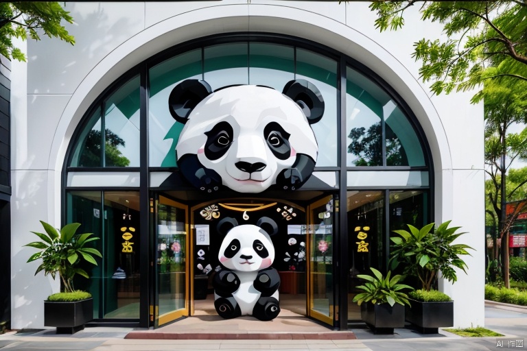 Store logo, panda, Modern shops, (Concrete architecture: 1.05)
This image shows a modern style building entrance. There is a huge panda head on the top of the building, which is black and white in color and has black eyes. Under the panda head, there is the word "Panda", indicating that this may be a panda-themed store or exhibition space. The front of the building has several glass windows and doors, and a row of decorative panda statues at the door. The entire scene is surrounded by green plants, giving people a warm and harmonious feeling. The design of the building is simple and modern, using extensive timber elements to blend in with the surrounding natural environment