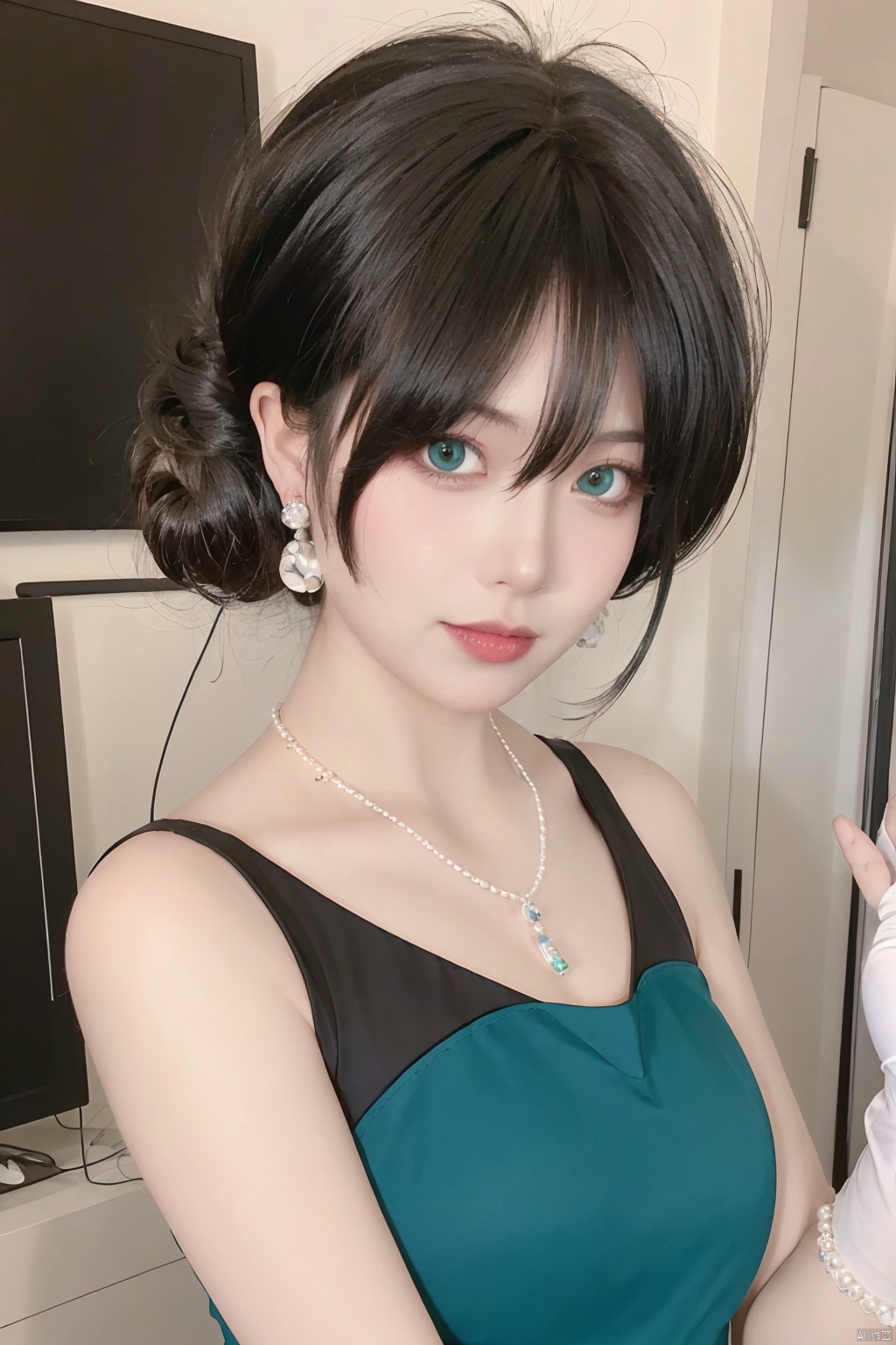 1girl, solo, long hair, breasts, looking at viewer, black hair, hair ornament, gloves, dress, hair between eyes, jewelry, green eyes, earrings, necklace, hair bun, blue dress, single hair bun, beads