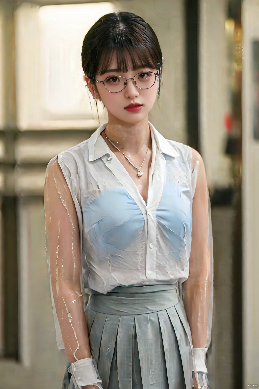  nsfw, masterpiece, best quality, infirmary, convenience store, 1girl,Side ponytail, smile, parted lips, looking at viewer,glasses, large breasts, breast slip, wet shirt,clothes between breasts, necklace,grey pleated skirt, black legwear, red high heels, standing,pumei,breast conscious,upper_body,