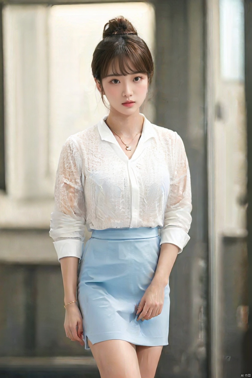  nsfw, masterpiece, best quality, infirmary, convenience store, 1girl,Side ponytail, smile, parted lips, looking at viewer, semi-rimless eyewear, large breasts, breast slip, see-through shirt,sexy lingerie, necklace,grey pleated skirt, black legwear, red high heels, standing,pumei,breast conscious,upper_body,