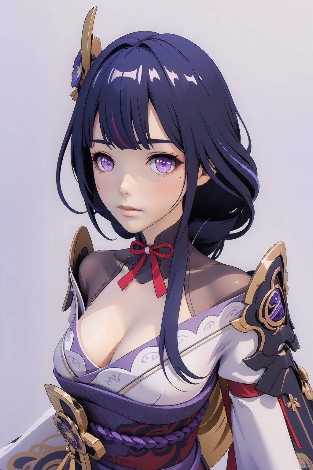  raiden shogun, solo, 1girl, breasts, long hair, looking at viewer, purple eyes, japanese clothes, cleavage, purple hair, white background, bangs, sash, hair ornament, braid, obi, ribbon, obiage, kimono, simple background, closed mouth, armor, shoulder armor, purple flower, obijime, tassel, wide sleeves, long sleeves, flower, bridal gauntlets, mole under eye, mole, large breasts, floral print, tomoe \(symbol\)