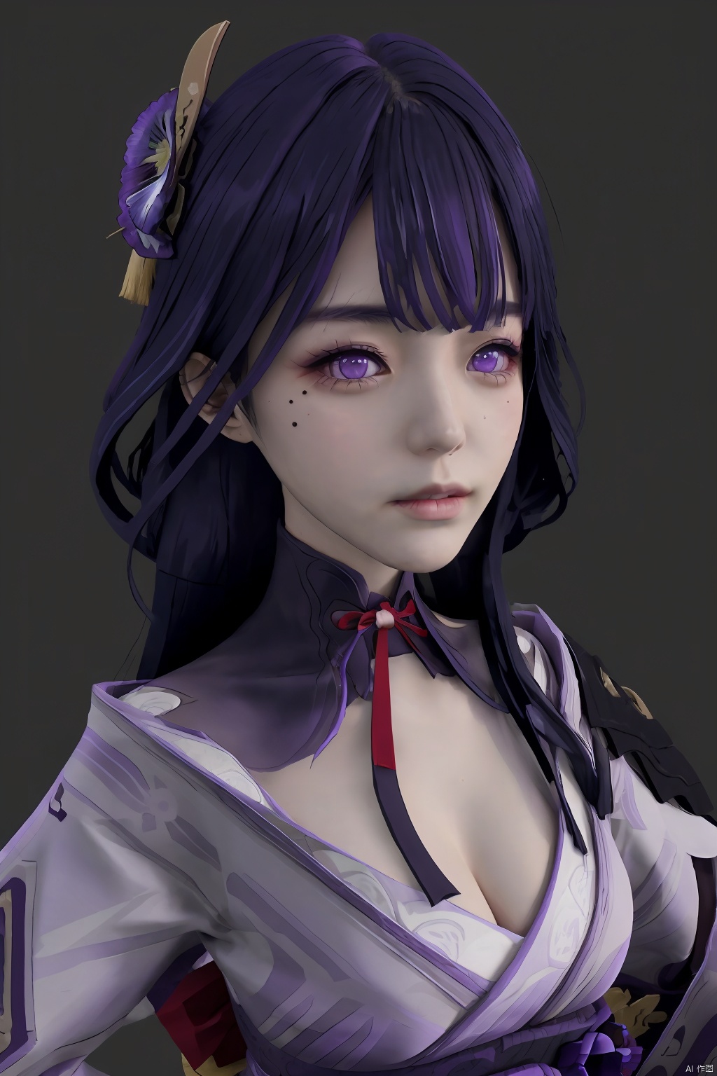raiden shogun,1girl,solo,mole,purple eyes,hair ornament,mole under eye,simple background,long hair,bangs,purple flower,purple hair,looking at viewer,flower,breasts,japanese clothes,closed mouth,shoulder armor,armor,ribbon,cleavage,kimono,tassel,black background,makeup,large breasts