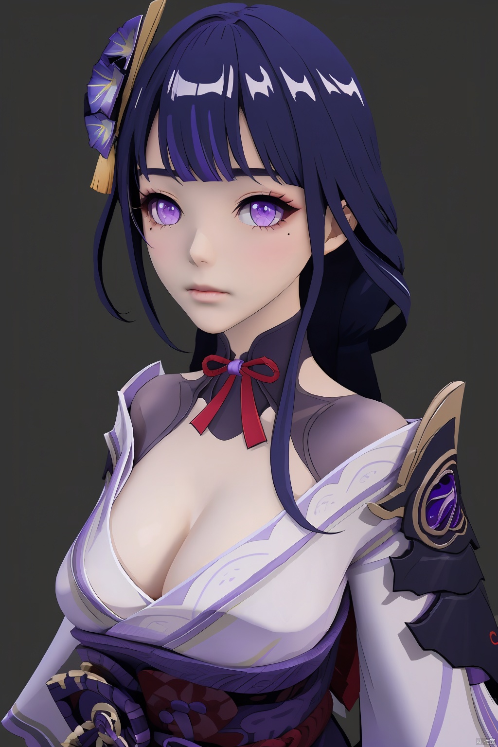 raiden shogun,1girl,solo,mole,purple eyes,hair ornament,mole under eye,simple background,long hair,bangs,purple flower,purple hair,looking at viewer,flower,breasts,japanese clothes,closed mouth,shoulder armor,armor,ribbon,cleavage,kimono,tassel,black background,makeup,large breasts