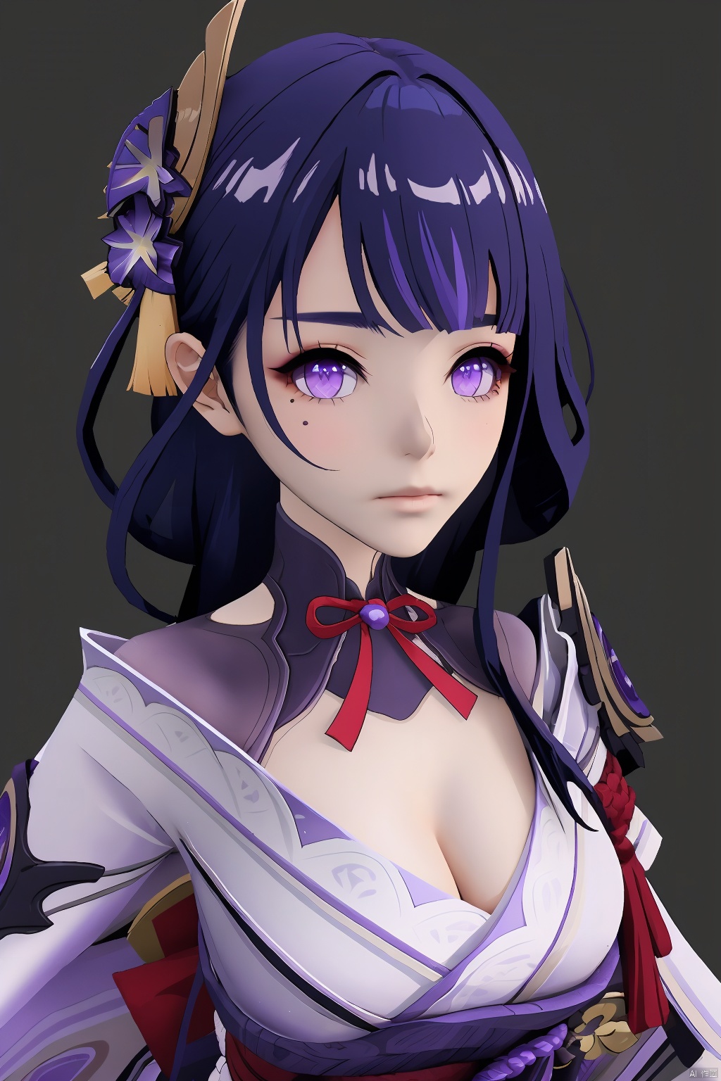 raiden shogun,1girl,solo,mole,purple eyes,hair ornament,mole under eye,simple background,long hair,bangs,purple flower,purple hair,looking at viewer,flower,breasts,japanese clothes,closed mouth,shoulder armor,armor,ribbon,cleavage,kimono,tassel,black background,makeup,large breasts