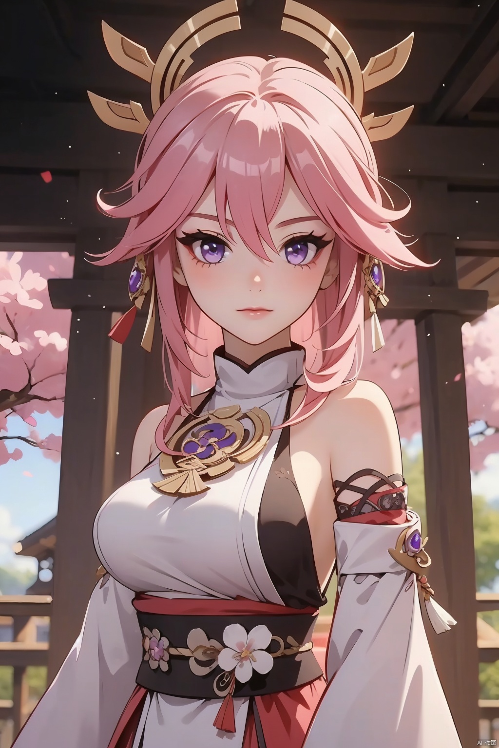  yae miko, 1girl, solo, breasts, pink hair, purple eyes, long hair, looking at viewer, detached sleeves, hair between eyes, bare shoulders, wide sleeves, japanese clothes, large breasts, hair ornament, upper body, bangs, closed mouth, vision \(genshin impact\), long sleeves, blush, jewelry, fox ears