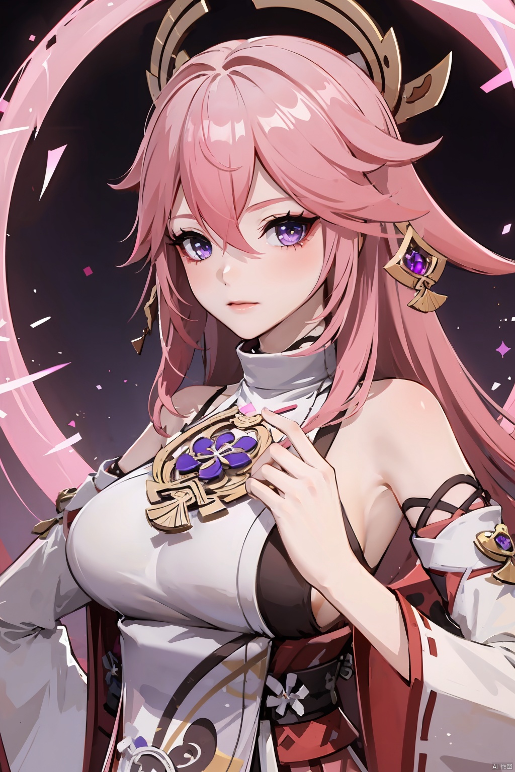  yae miko, 1girl, solo, breasts, pink hair, purple eyes, long hair, looking at viewer, detached sleeves, hair between eyes, bare shoulders, wide sleeves, japanese clothes, large breasts, hair ornament, upper body, bangs, closed mouth, vision \(genshin impact\), long sleeves, blush, jewelry, fox ears