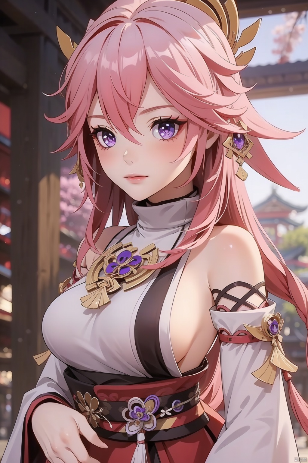  yae miko, 1girl, solo, breasts, pink hair, purple eyes, long hair, looking at viewer, detached sleeves, hair between eyes, bare shoulders, wide sleeves, japanese clothes, large breasts, hair ornament, upper body, bangs, closed mouth, vision \(genshin impact\), long sleeves, blush, jewelry, fox ears