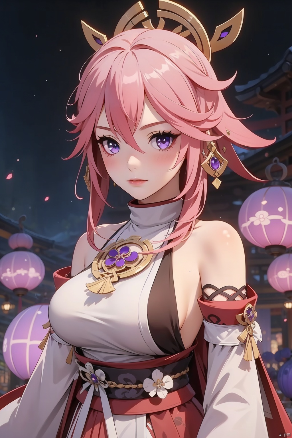  yae miko, 1girl, solo, breasts, pink hair, purple eyes, long hair, looking at viewer, detached sleeves, hair between eyes, bare shoulders, wide sleeves, japanese clothes, large breasts, hair ornament, upper body, bangs, closed mouth, vision \(genshin impact\), long sleeves, blush, jewelry, fox ears