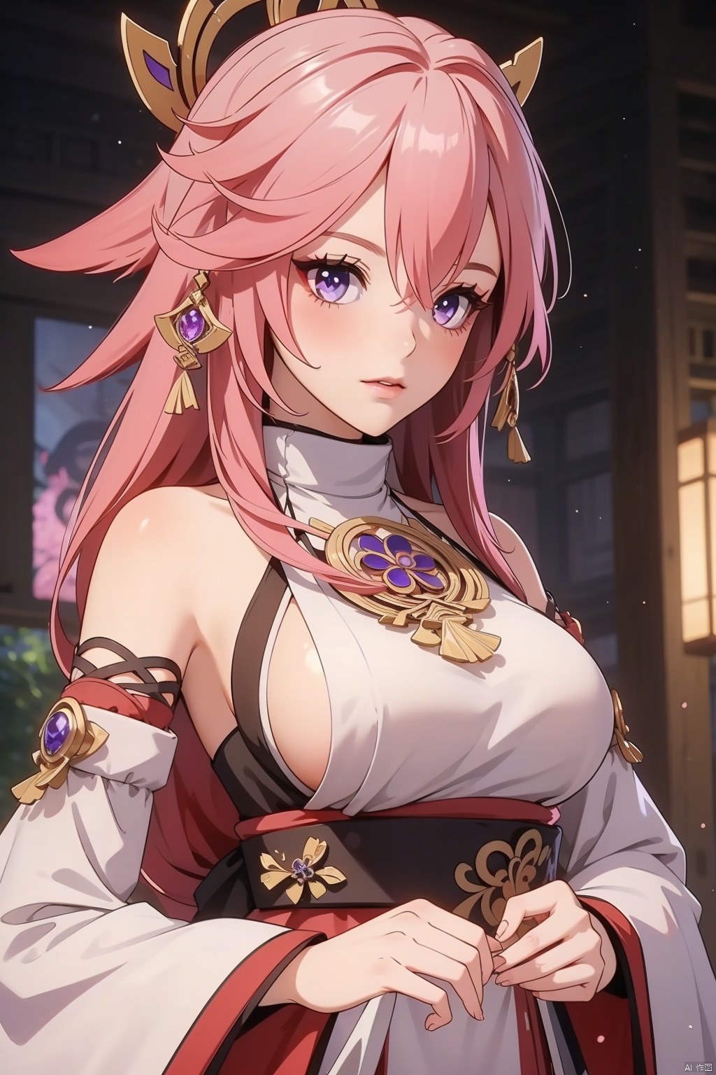  yae miko, 1girl, solo, breasts, pink hair, purple eyes, long hair, looking at viewer, detached sleeves, hair between eyes, bare shoulders, wide sleeves, japanese clothes, large breasts, hair ornament, upper body, bangs, closed mouth, vision \(genshin impact\), long sleeves, blush, jewelry, fox ears