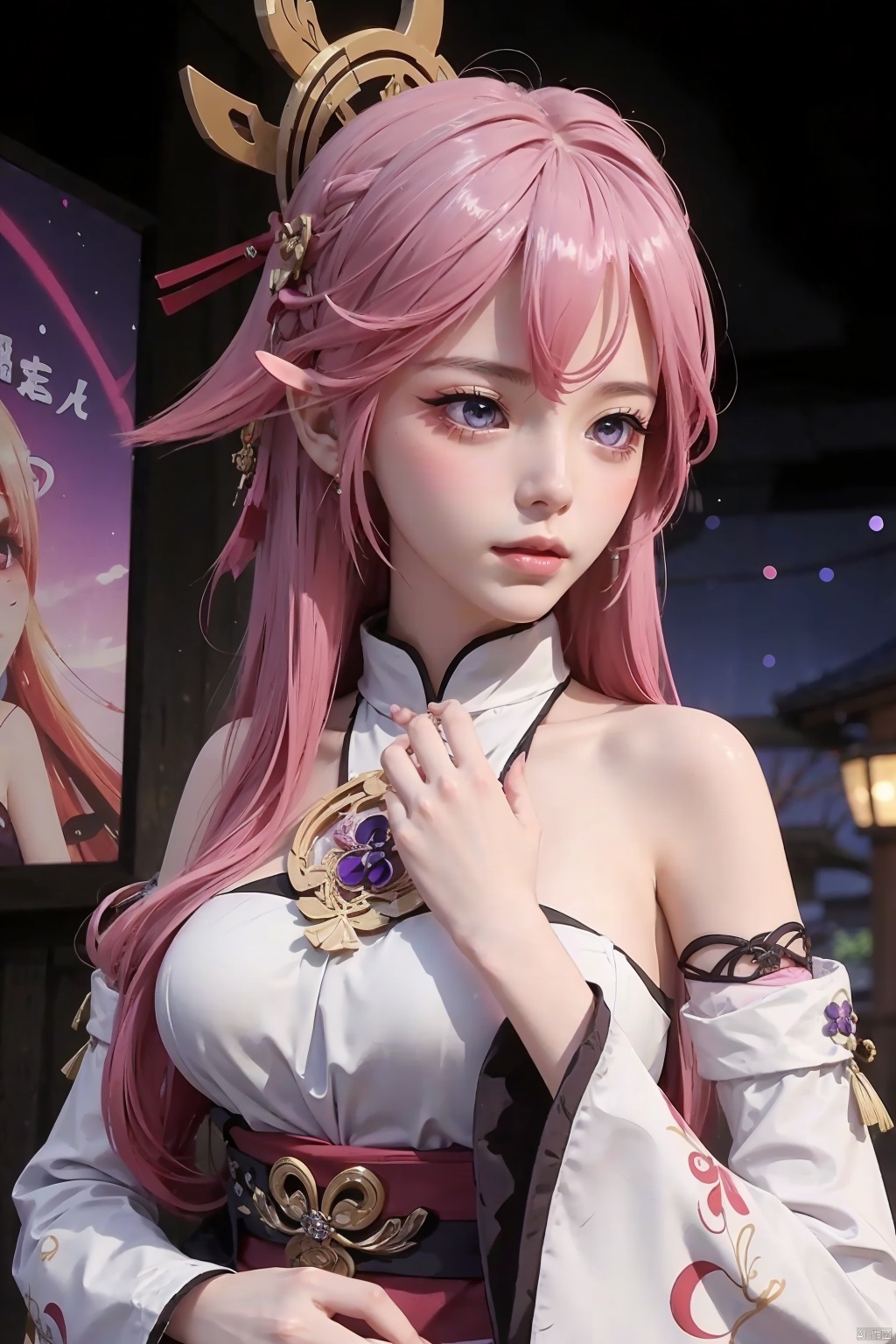  yae miko, 1girl, solo, breasts, pink hair, purple eyes, long hair, looking at viewer, detached sleeves, hair between eyes, bare shoulders, wide sleeves, japanese clothes, large breasts, hair ornament, upper body, bangs, closed mouth, vision \(genshin impact\), long sleeves, blush, jewelry, fox ears