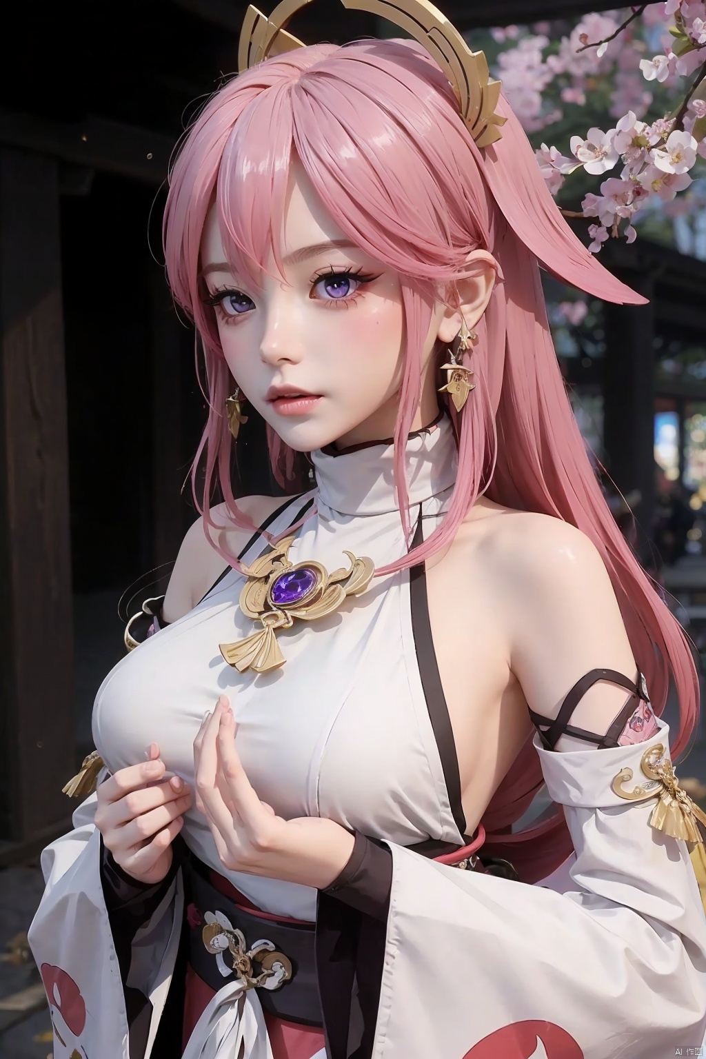  yae miko, 1girl, solo, breasts, pink hair, purple eyes, long hair, looking at viewer, detached sleeves, hair between eyes, bare shoulders, wide sleeves, japanese clothes, large breasts, hair ornament, upper body, bangs, closed mouth, vision \(genshin impact\), long sleeves, blush, jewelry, fox ears