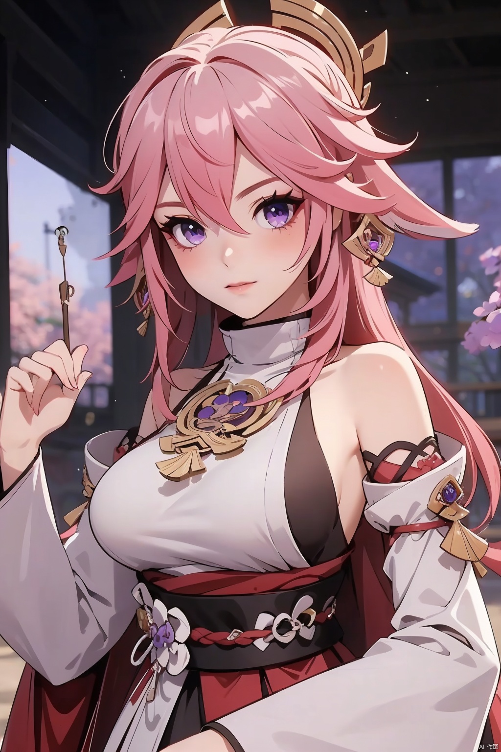  yae miko, 1girl, solo, breasts, pink hair, purple eyes, long hair, looking at viewer, detached sleeves, hair between eyes, bare shoulders, wide sleeves, japanese clothes, large breasts, hair ornament, upper body, bangs, closed mouth, vision \(genshin impact\), long sleeves, blush, jewelry, fox ears
