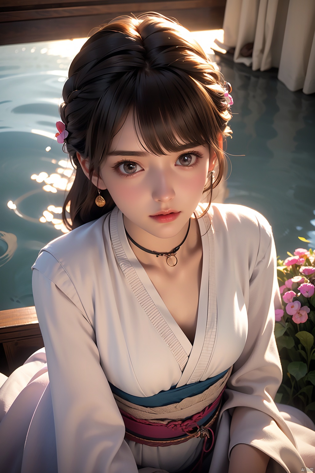  HDR, UHD, 8K, Highly detailed, best quality, masterpiece, 1girl, realistic, Highly detailed, (EOS R8, 50mm, F1.2, 8K, RAW photo:1.2), ultra realistic 8k cg,1girl,solo,long hair,brown hair,hair ornament,dress,brown eyes,jewelry,earrings,wide sleeves,sash,chinese clothes,realistic,hanfu,solo focus,peafect body,Bangs,Sidelocks,Bright eyes,big eyes,detailed eyes,beautiful eyes,hair ornament,hair flower,choker,[loli],,outdoors,water,flower, in the ((sea of flowers)), flower field,meadow,beautiful detailed sky,feather,nature,(sunlight), moist skin, shiny skin, glossy skin, (best illumination, best shadow, extremely delicate and beautiful), perfect lighting, original, highres, dynamic angle, floating,depth of field, caustics,lens flare,warm lighting,(official art,beautiful and aesthetic:1.2),beautiful face, ultra detailed eyes, looking_at_viewer,kind smile,((poakl)), Detail,glint,glowing,(Chest shot:1.4),sujieyu,Sitting,Magic, lightning, lightning, hanyouniang