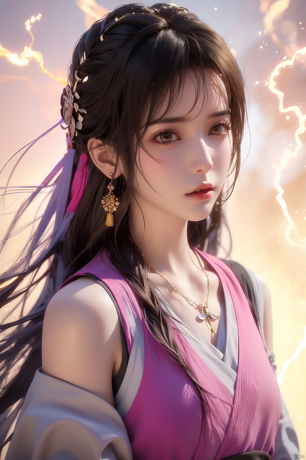  1girl,Bangs, off shoulder, colorful_hair, ((colorful hair)),golden dress, yellow eyes, chest, necklace, pink dress, earrings, floating hair, jewelry, sleeveless, very long hair,Looking at the observer, parted lips, pierced,energy,electricity,magic,tifa,sssr,blonde hair,jujingyi, wangyushan, dofas, forehead mark, (\yan yu\),LXQ, hanyouniang
