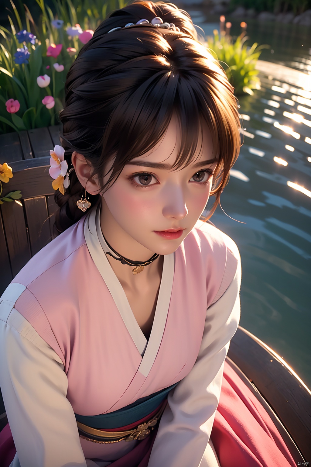  HDR, UHD, 8K, Highly detailed, best quality, masterpiece, 1girl, realistic, Highly detailed, (EOS R8, 50mm, F1.2, 8K, RAW photo:1.2), ultra realistic 8k cg,1girl,solo,long hair,brown hair,hair ornament,dress,brown eyes,jewelry,earrings,wide sleeves,sash,chinese clothes,realistic,hanfu,solo focus,peafect body,Bangs,Sidelocks,Bright eyes,big eyes,detailed eyes,beautiful eyes,hair ornament,hair flower,choker,[loli],,outdoors,water,flower, in the ((sea of flowers)), flower field,meadow,beautiful detailed sky,feather,nature,(sunlight), moist skin, shiny skin, glossy skin, (best illumination, best shadow, extremely delicate and beautiful), perfect lighting, original, highres, dynamic angle, floating,depth of field, caustics,lens flare,warm lighting,(official art,beautiful and aesthetic:1.2),beautiful face, ultra detailed eyes, looking_at_viewer,kind smile,((poakl)), Detail,glint,glowing,(Chest shot:1.4),sujieyu,Sitting,Magic, lightning, lightning, hanyouniang,1girl,solo,long hair,bangs,brown hair,black hair,long sleeves,brown eyes,closed mouth,standing,ponytail,shoes,black footwear,sash,chines,clothes,realistic,((poakl))