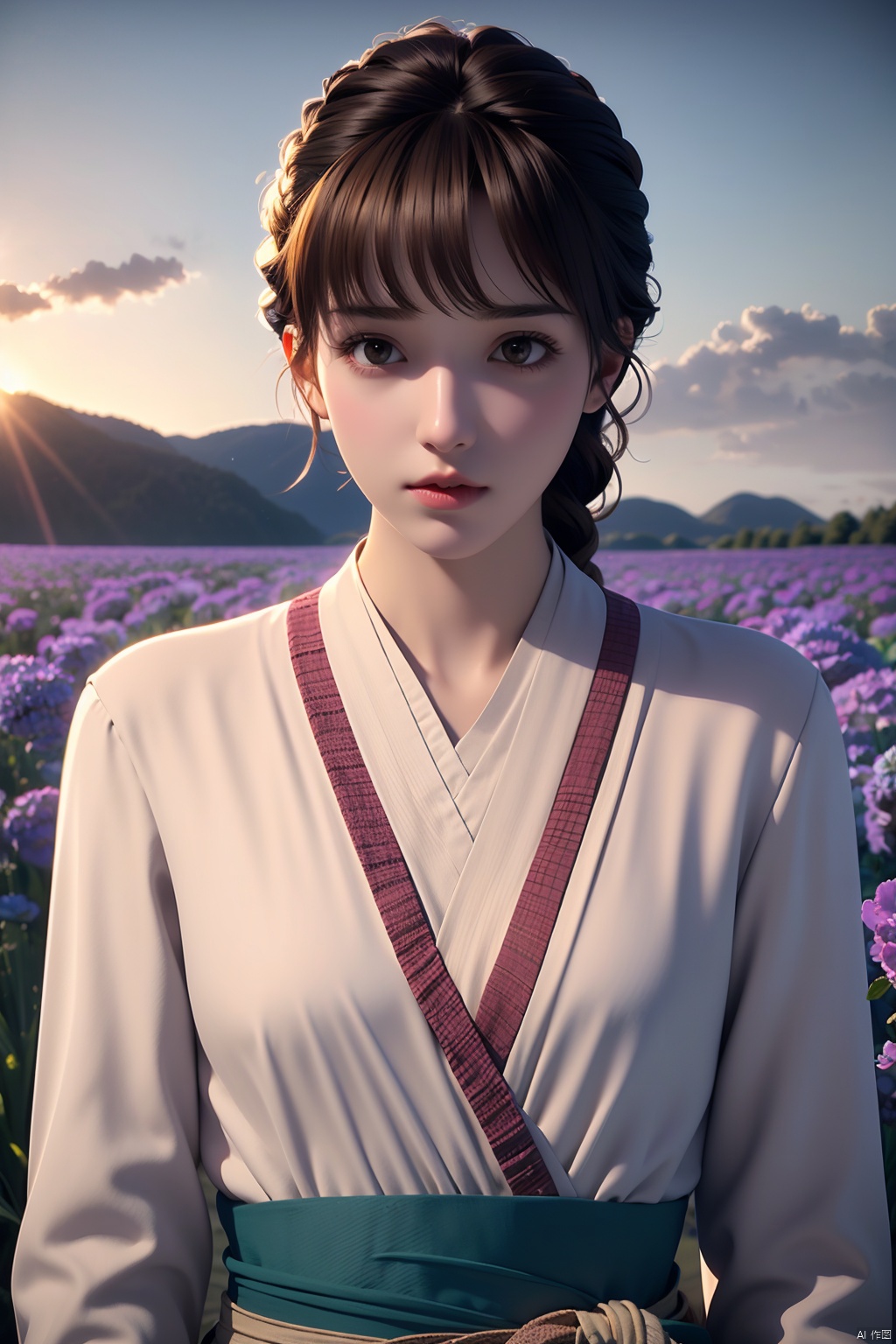 outdoors,water,flower, in the ((sea of flowers)), flower field,meadow,beautiful detailed sky,feather,nature,(sunlight),hanyouniang,1girl,solo,looking at viewer,bangs,brown hair,long sleeves,brown eyes,closed mouth,upper body,braid,lips,sash,realistic