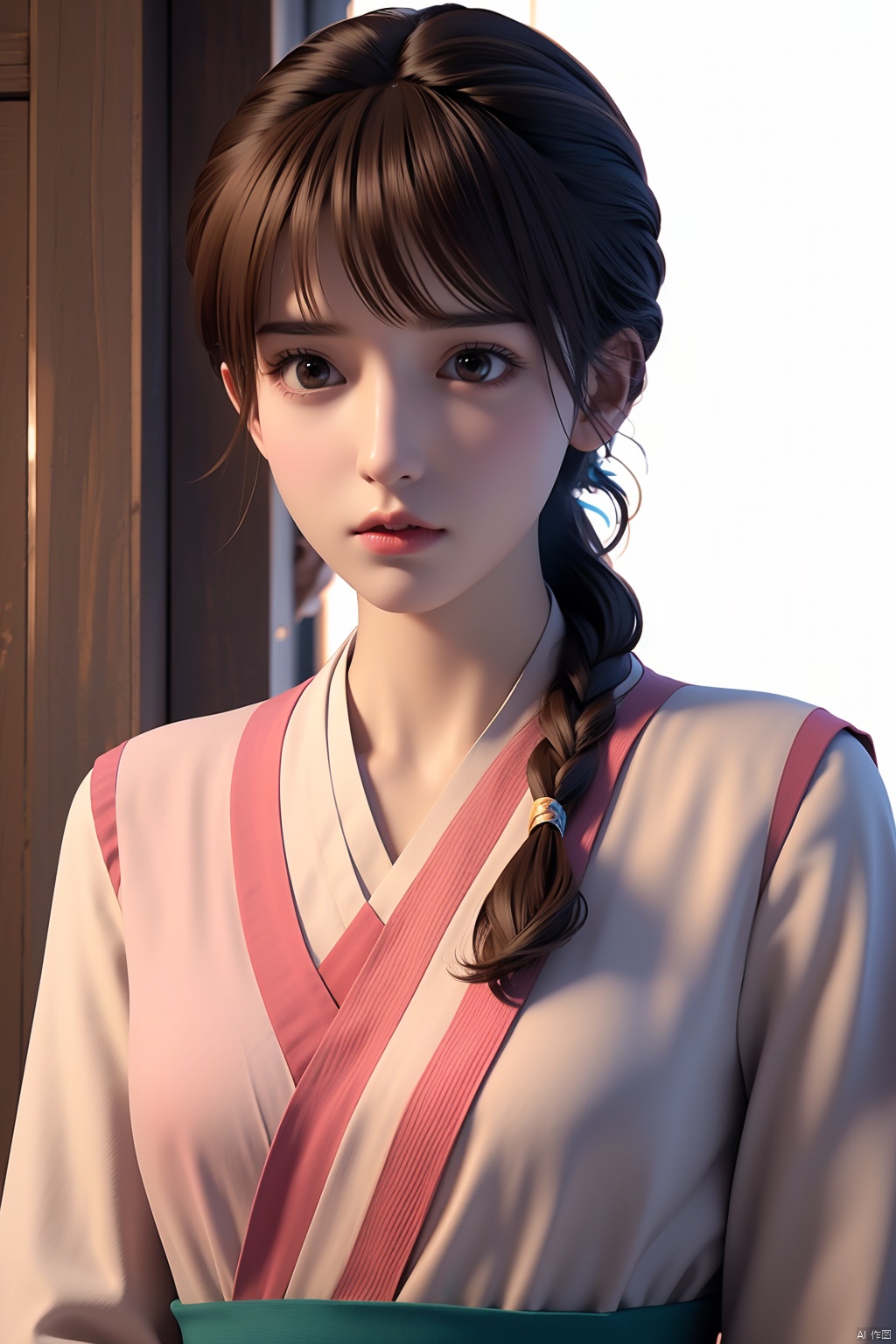 hanyouniang,1girl,solo,looking at viewer,bangs,brown hair,long sleeves,brown eyes,closed mouth,upper body,braid,lips,sash,realistic