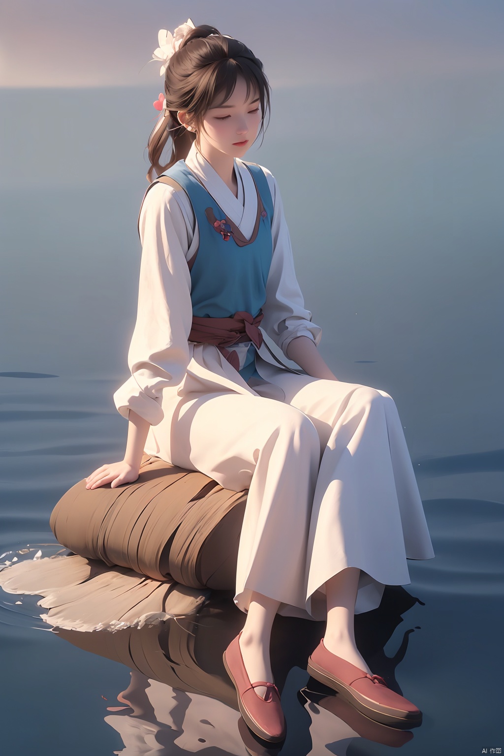  parametersa girl floating on the water. She appears to be in a state of relaxation or perhaps sleep. Her eyes are closed,and her expression is serene. She has dark hair that flows around her as she floats. The water is depicted in various shades of blue,suggesting depth and movement. There are also small orange objects scattered throughout the water,which could be leaves or flowers. The overall atmosphere of the image is calm and peaceful, masterpiece,best quality,very aesthetic,absurdres, hanyouniang,1girl,solo,long hair,bangs,brown hair,black hair,long sleeves,brown eyes,closed mouth,ponytail,shoes,black footwear,sash,chines,clothes,realistic,((poakl))