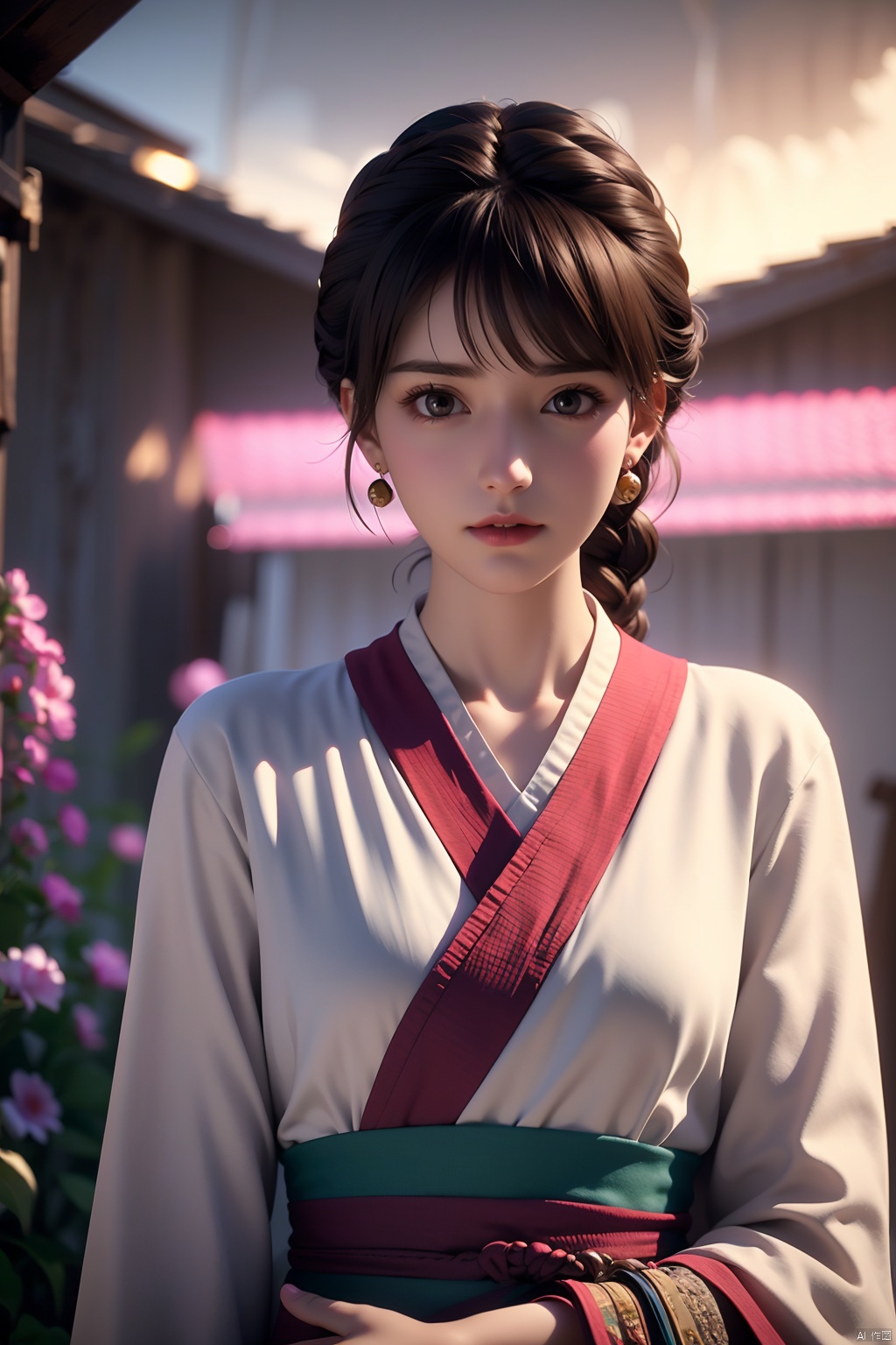 HDR, UHD, 8K, Highly detailed, best quality, masterpiece, 1girl, realistic, Highly detailed, (EOS R8, 50mm, F1.2, 8K, RAW photo:1.2), ultra realistic 8k cg,1girl,solo,long hair,brown hair,hair ornament,dress,brown eyes,jewelry,earrings,wide sleeves,sash,chinese clothes,realistic,hanfu,solo, focus,peafect body,Bangs,Sidelocks,Bright eyes,big eyes,beautiful eyes,hair ornament,hair flower,outdoors,water,flower, in the ((sea of flowers)), flower field,meadow,beautiful detailed sky,feather,nature,(sunlight), moist skin, shiny skin, glossy skin, (best illumination, best shadow, extremely delicate and beautiful), perfect lighting, original, highres, dynamic angle, floating,depth of field, caustics,lens flare,warm lighting,(official art,beautiful and aesthetic:1.2),beautiful face,looking_at_viewer,kind smile,((poakl)), Detail,glint,glowing, hanyouniang,1girl,solo,looking at viewer,bangs,brown hair,long sleeves,brown eyes,closed mouth,upper body,braid,lips,sash,realistic,