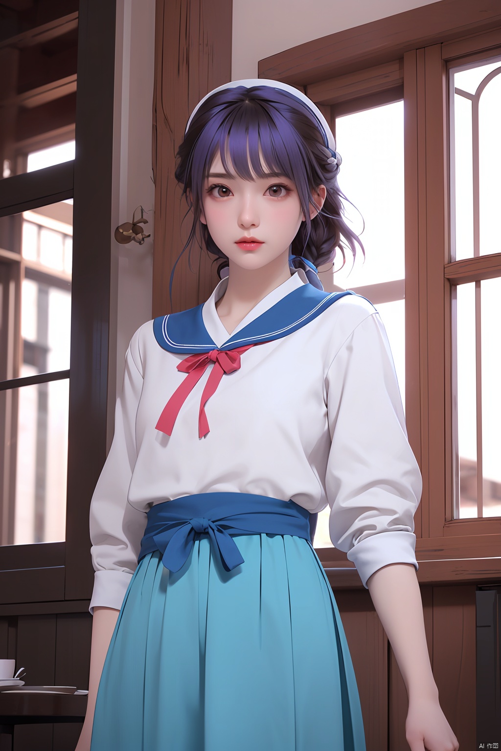  A beautiful girl with purple hair and light brown eyes, her hair flowing in a mesmerizing manner. She has a cute face with the best quality features, showcasing her beautiful eyes and good anatomy. She is dressed in blue sailor suits with blue skirts, revealing zettai ryoiki. A red ribbon adorns her hair. The scene is set in a cozy restaurant, with a table in the center. The windows provide a glimpse of the outside world., hanyouniang