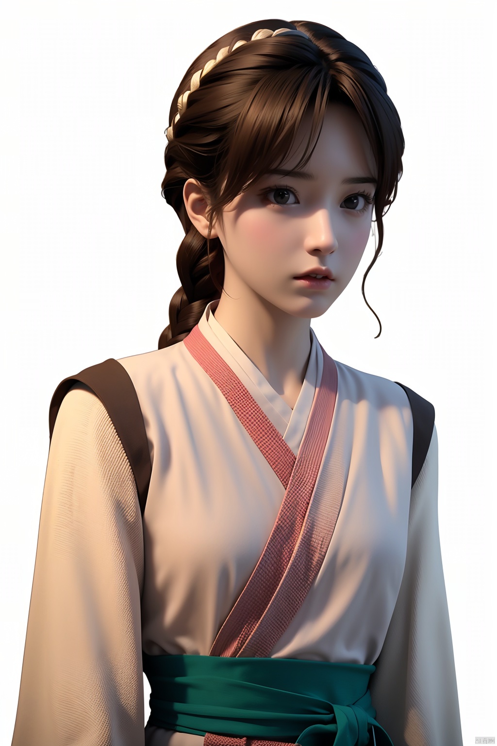  hanyouniang,1girl,solo,looking at viewer,bangs,brown hair,long sleeves,brown eyes,closed mouth,upper body,braid,lips,sash,realistic
