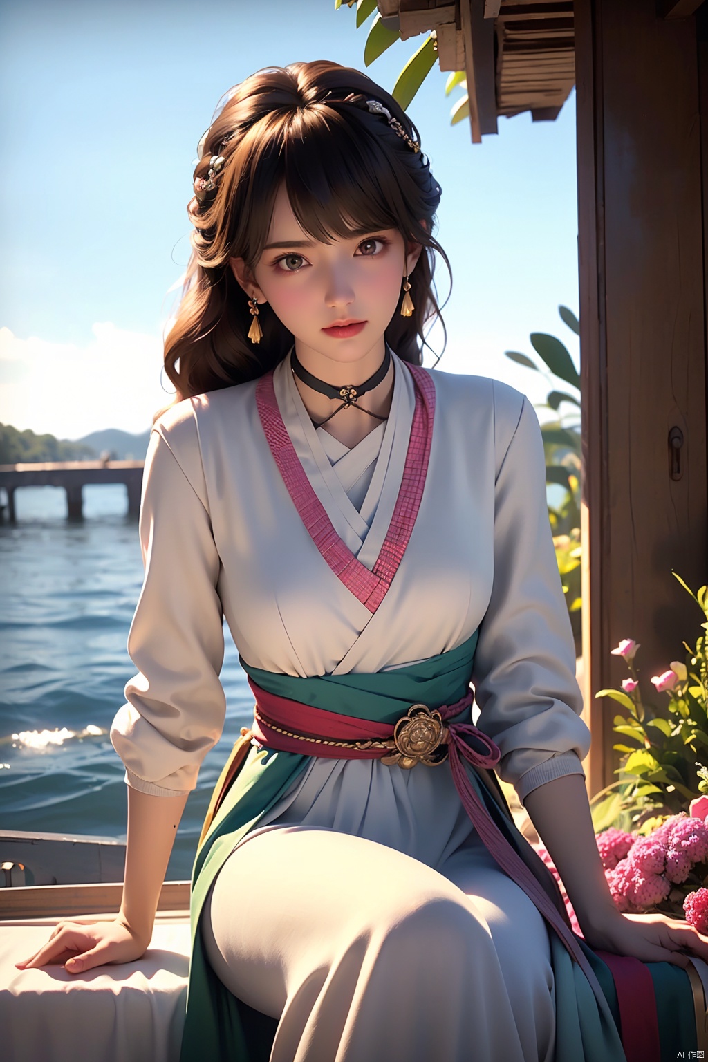  HDR, UHD, 8K, Highly detailed, best quality, masterpiece, 1girl, realistic, Highly detailed, (EOS R8, 50mm, F1.2, 8K, RAW photo:1.2), ultra realistic 8k cg,1girl,solo,long hair,brown hair,hair ornament,dress,brown eyes,jewelry,earrings,wide sleeves,sash,chinese clothes,realistic,hanfu,solo focus,peafect body,Bangs,Sidelocks,Bright eyes,big eyes,detailed eyes,beautiful eyes,hair ornament,hair flower,choker,[loli],,outdoors,water,flower, in the ((sea of flowers)), flower field,meadow,beautiful detailed sky,feather,nature,(sunlight), moist skin, shiny skin, glossy skin, (best illumination, best shadow, extremely delicate and beautiful), perfect lighting, original, highres, dynamic angle, floating,depth of field, caustics,lens flare,warm lighting,(official art,beautiful and aesthetic:1.2),beautiful face, ultra detailed eyes, looking_at_viewer,kind smile,((poakl)), Detail,glint,glowing,(Chest shot:1.4),sujieyu,Sitting,Magic, lightning, lightning, hanyouniang